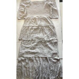 J Gee Tiered Grey Smocked Top Boho Maxi Dress Short Sleeve Sz L Lined